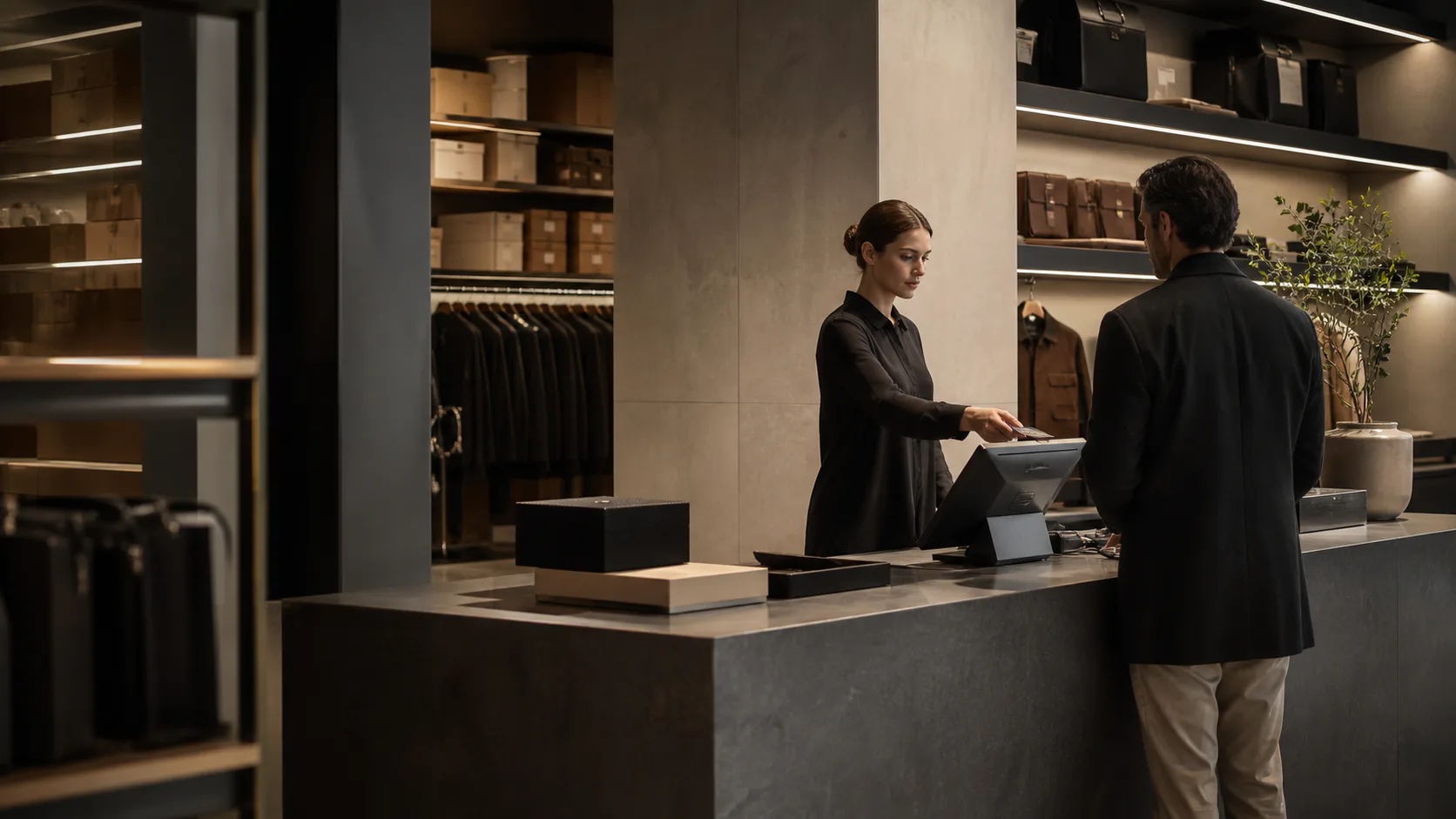 Contextual point-of-sale environment showing a premium checkout counter