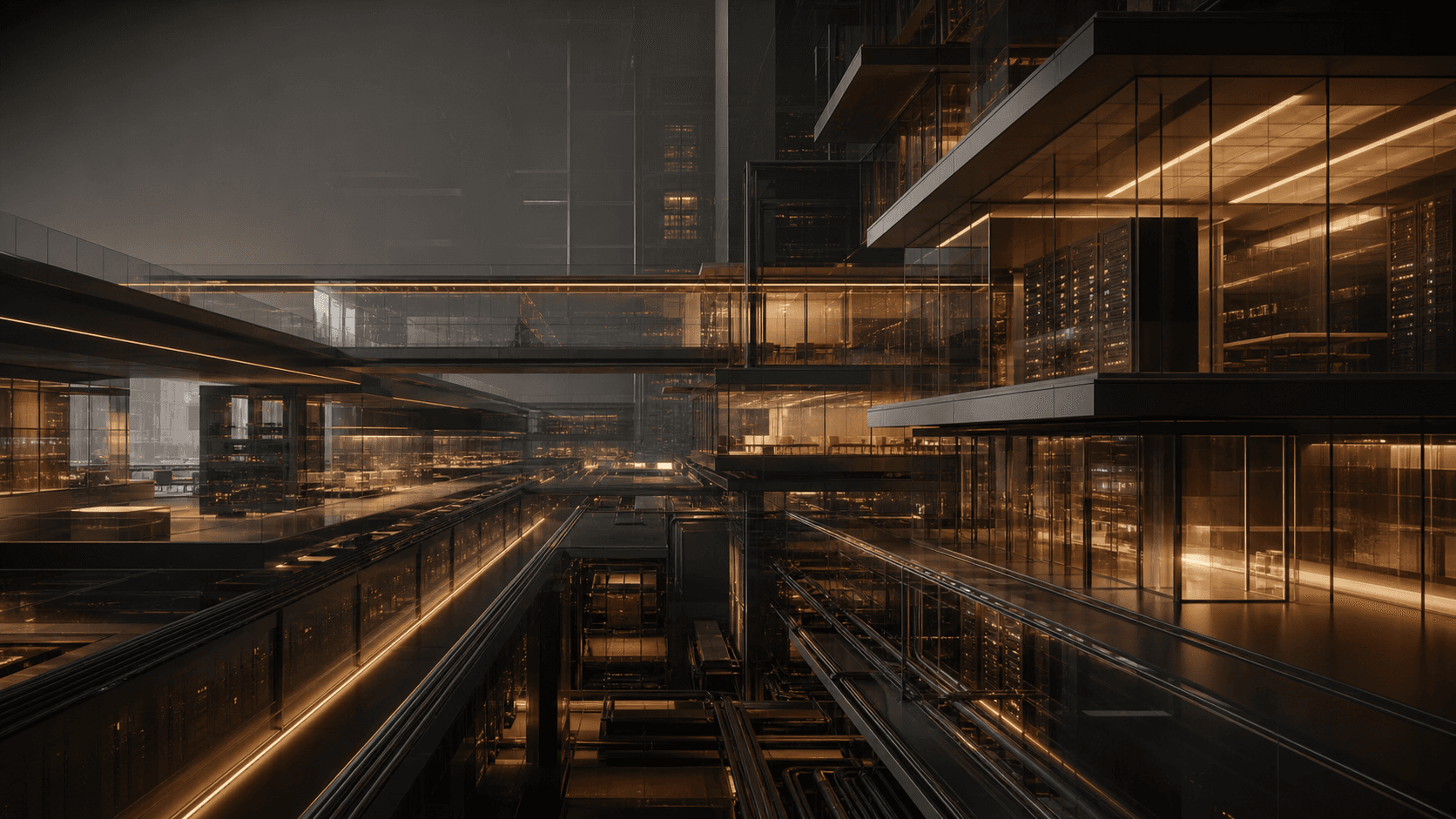 Connected architectural infrastructure representing systems that power progress